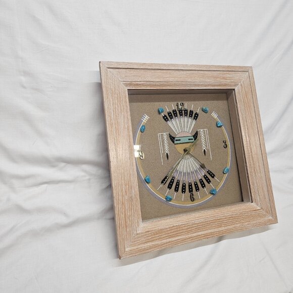 Navajo Sand Art painting Clock hand crafted w/ turquoise stones framed glass - Picture 2 of 15